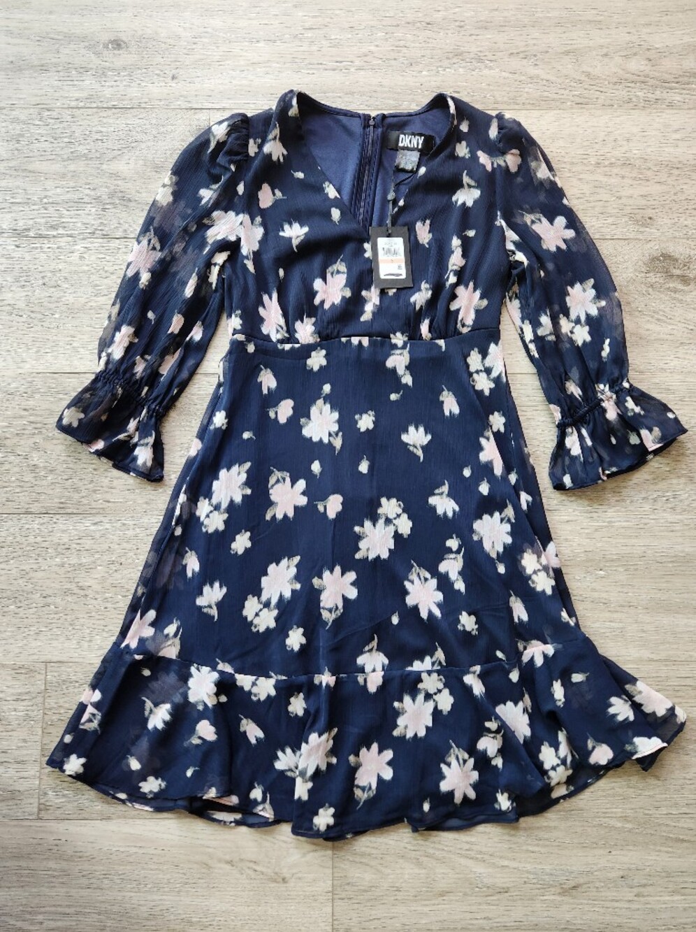 Dkny Navy Blue Floral Sheer Sleeve Dress Womens 2 Nwt